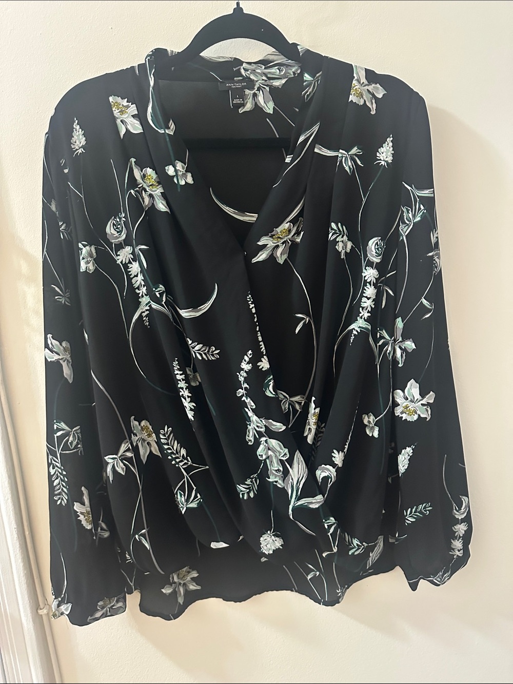 Ann Taylor Factory Black Floral Draped V-Neck Blouse